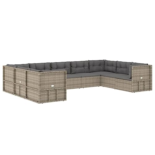 vidaXL 9-Piece Patio Lounge Set with Cushions in Gray - Durable PE (Poly) Rattan - Outdoor Furniture with Powder-Coated Steel Frame & Adjustable Seat