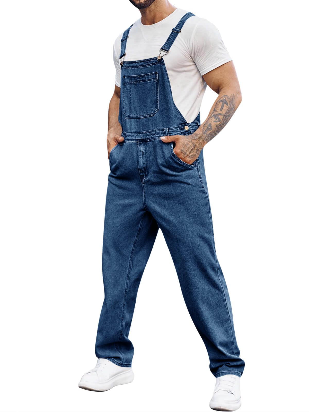 Runcati Men's Denim Bib Overalls Jeans Fashion Boot Cut Trousers Casual Slim Fit Adjustable Straps Jumpsuit (US, Alpha, X-Large, Regular, Regular, Navy Blue)