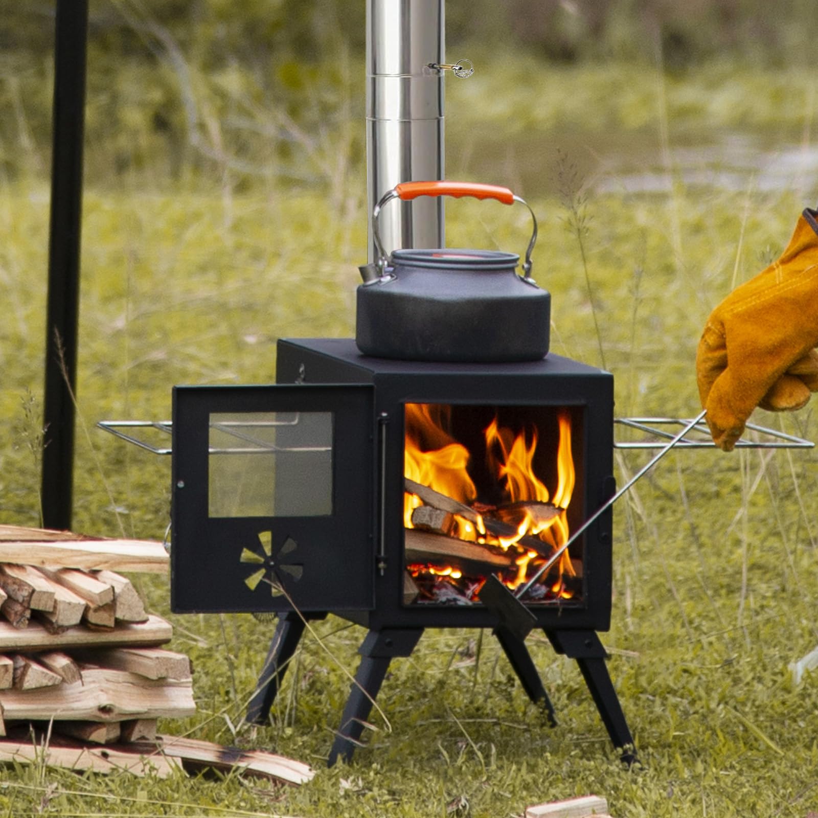 Hot Tent Stove,AVOFOREST Wood Burning Stove,Small Wood Stove with 7 Stainless Chimney Pipes for Outdoor Heating & Cooking, Ice Fishing, Hunting