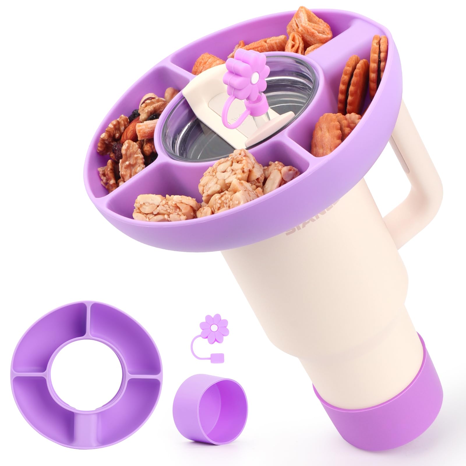 WALLFID Silicone Snack Bowl Compatible with Stanley 40 oz,Reusable, fits Stanley Cup 1.0/2.0,with Boot and Straw cover caps, 4 compartments for candy, popcorn, fits car,movie theater (Purple)