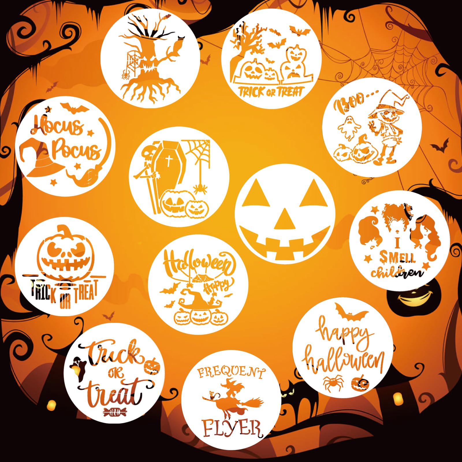 Halloween Stencils, 12" Large Reusable Painting Stencils, Round Happy Halloween Ghost Templates for Crafts, Home Decor, and DIY Projects - 12 PCS (Halloween 03)