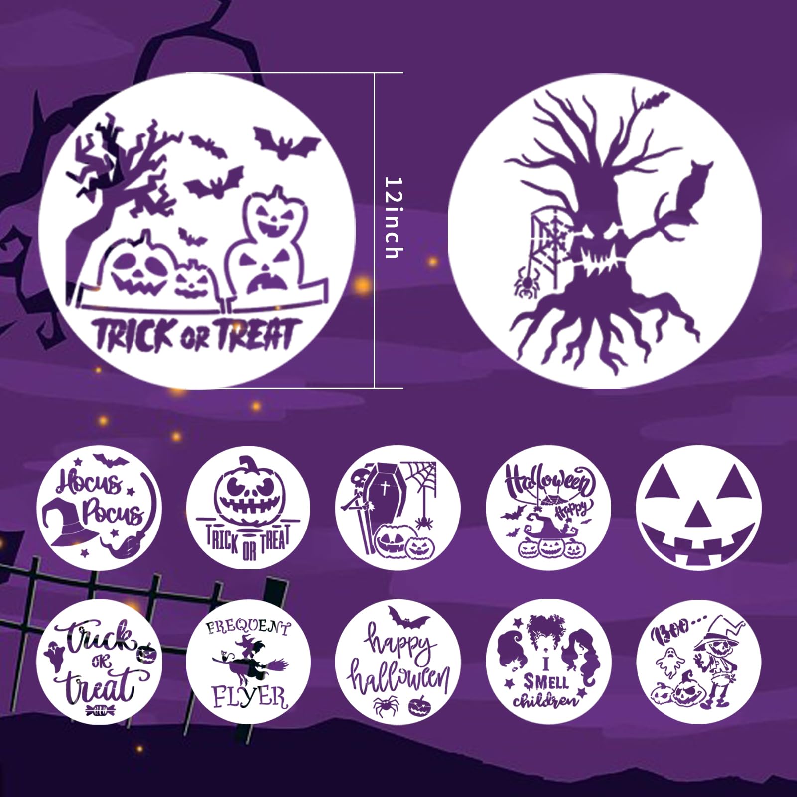 Halloween Stencils, 12" Large Reusable Painting Stencils, Round Happy Halloween Ghost Templates for Crafts, Home Decor, and DIY Projects - 12 PCS (Halloween 03)