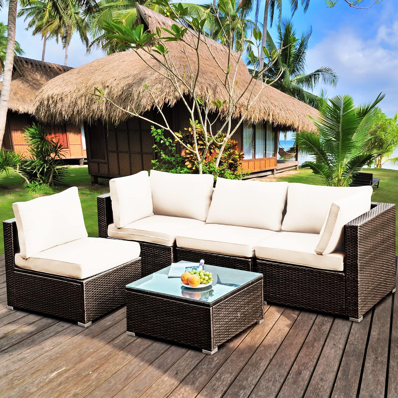 DORTALA 5 Pieces Patio Furniture Set, Outdoor Rattan L-Shaped Corner Sofa Set with Cushions, Coffee Table, Patio Sectional Conversation Set for Backyard Porch Garden Poolside, White