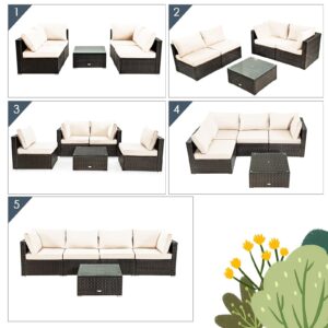 DORTALA 5 Pieces Patio Furniture Set, Outdoor Rattan L-Shaped Corner Sofa Set with Cushions, Coffee Table, Patio Sectional Conversation Set for Backyard Porch Garden Poolside, White