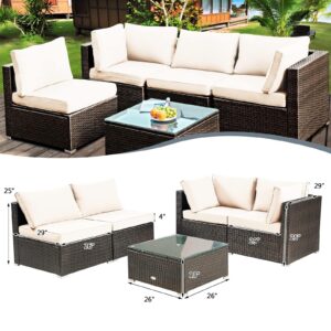 DORTALA 5 Pieces Patio Furniture Set, Outdoor Rattan L-Shaped Corner Sofa Set with Cushions, Coffee Table, Patio Sectional Conversation Set for Backyard Porch Garden Poolside, White