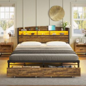 hauoms queen size bed frame with led light headboard, usb-c/a charging station, metal platform queen bed frame with storage drawers, bookcase headboard,heavy duty, no box spring needed, vintage brown