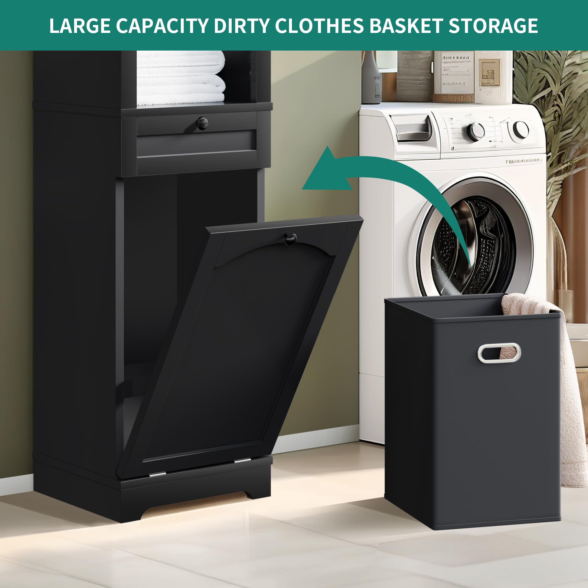 YITAHOME 53" Tall Tilt Out Laundry Hamper Cabinet Hidden Laundry Hamper with Storage Laundry Basket Cabinet with Drawer Bathroom Storage Cabinet Shelf with a Clothes Basket, Black