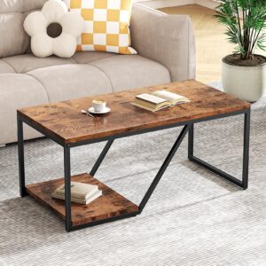 2-Tier Industrial Rectangle Rustic Coffee Table for Living Room Small Spaces, Living Room Center Table with Storage Shelf and Stable Metal Simple Modern Open Design, Easy Assembly, Adjustable Feet