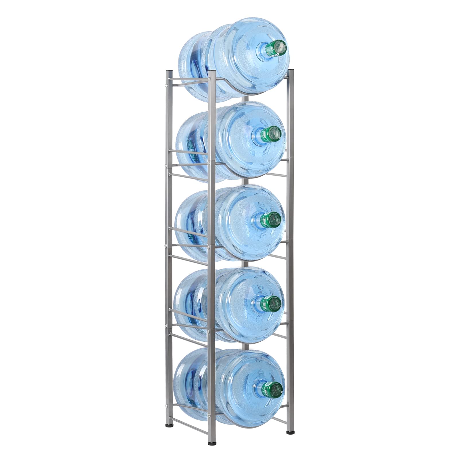 HEOMU 5 Gallon Water Jug Rack, 5-Tier Water Bottle Holder Storage Rack, Water Jug Organizer for Kitchen, Office, Garage, Silver