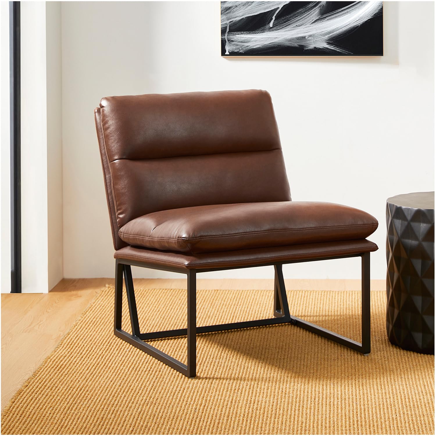 glitzhome Mid Century Modern Accent Chair, Coffee Thick Leatherette Chair with Metal Frame, Side Chair with Backrest, Upholstered Leisure Chair for Living Room, Bedroom, Office,1PC