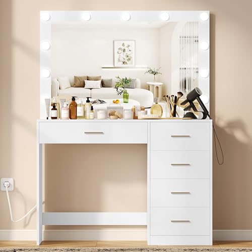 Keehusux Vanity Table with Large Mirror and 3 Color Adjustable Lights, Bedroom Makeup Vanity with Charging Station, Makeup Dressing Table with 5 Drawers for Women, Wife, White KES002WSZT