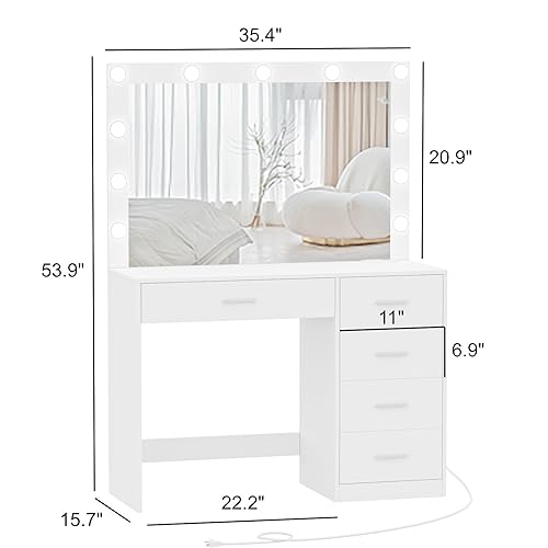 Keehusux Vanity Table with Large Mirror and 3 Color Adjustable Lights, Bedroom Makeup Vanity with Charging Station, Makeup Dressing Table with 5 Drawers for Women, Wife, White KES002WSZT