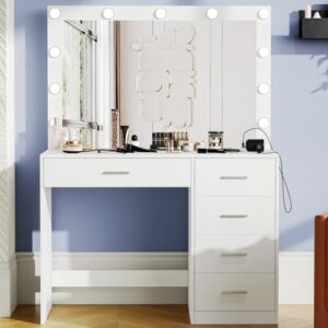 Keehusux Vanity Table with Large Mirror and 3 Color Adjustable Lights, Bedroom Makeup Vanity with Charging Station, Makeup Dressing Table with 5 Drawers for Women, Wife, White KES002WSZT