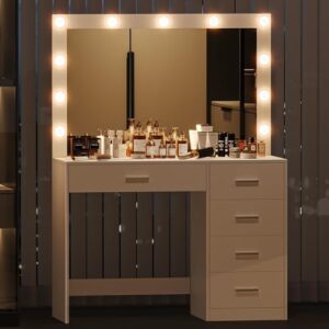 Keehusux Vanity Table with Large Mirror and 3 Color Adjustable Lights, Bedroom Makeup Vanity with Charging Station, Makeup Dressing Table with 5 Drawers for Women, Wife, White KES002WSZT