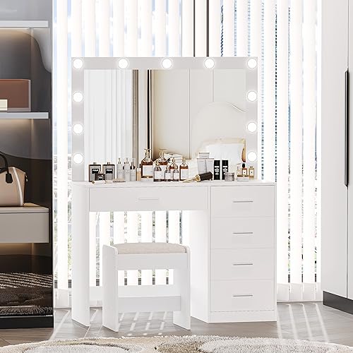 Keehusux Vanity Table with Large Mirror and 3 Color Adjustable Lights, Bedroom Makeup Vanity with Charging Station, Makeup Dressing Table with 5 Drawers for Women, Wife, White KES002WSZT