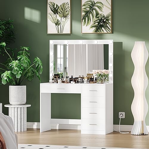 Keehusux Vanity Table with Large Mirror and 3 Color Adjustable Lights, Bedroom Makeup Vanity with Charging Station, Makeup Dressing Table with 5 Drawers for Women, Wife, White KES002WSZT