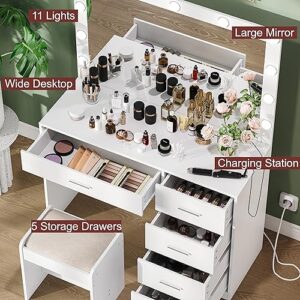 Keehusux Vanity Table with Large Mirror and 3 Color Adjustable Lights, Bedroom Makeup Vanity with Charging Station, Makeup Dressing Table with 5 Drawers for Women, Wife, White KES002WSZT