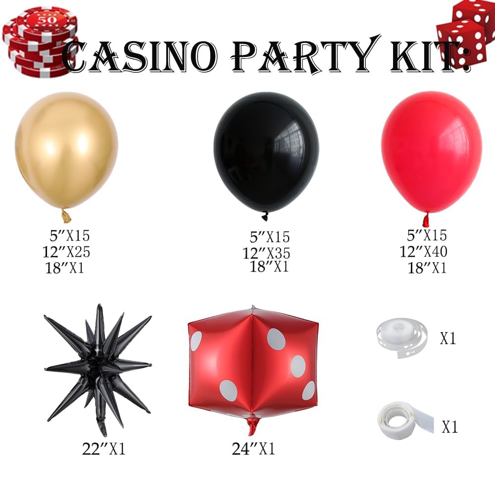 150 Pcs Red and Black Gold Casino Balloons Arch Garland Kit with Red Dice Foil Balloon for Casino Night Birthday Party Decorations