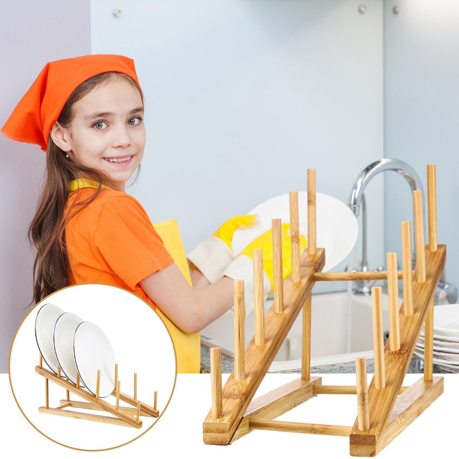 Suclain 6 Pcs Wooden Dish Rack Bamboo Drying Rack Stand Kitchen Plate Organizer Plate Holder for Cabinet Cutting Board Display Stand for Dish Plate Bowl Water Bottles Cup Pot Lid Cutting Board