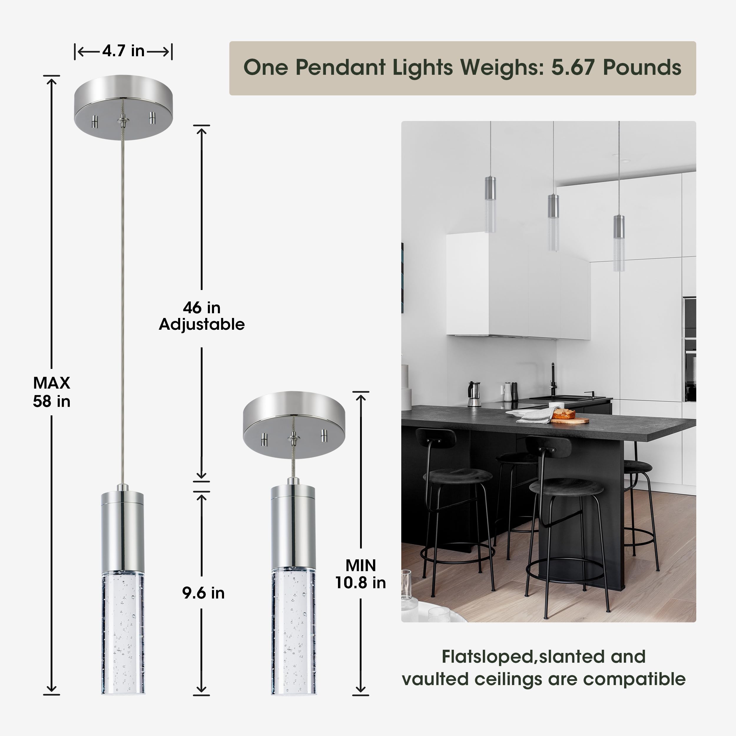 Pendant Kitchen Island Lighting, 2-Pack Brushed Nickel light fixture, kitchen pendant light set for Bar,Dining Room, Bedroom, Foyer 9W led (Chrome)