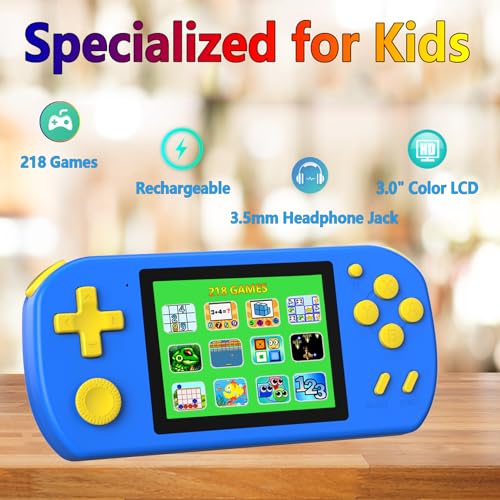 TEBIYOU Handheld Game Console for Kids Preloaded 218 Retro Video Games, Portable Gaming Player with Rechargeable Battery 3.0" LCD Screen, Mini Arcade Electronic Toy Gifts for Boys Girls, Blue