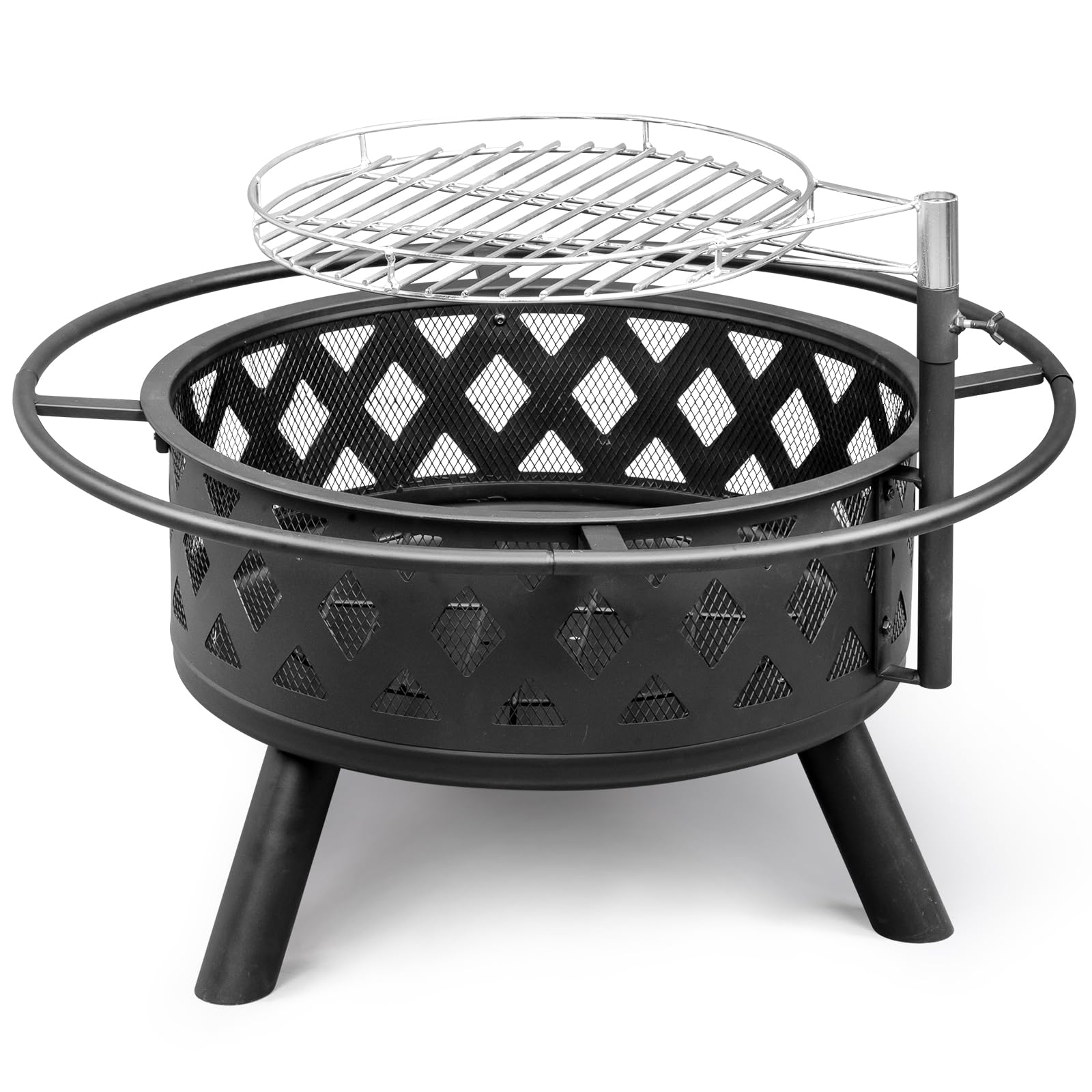 VINGLI Portable Outdoor Fire Pit 30" with Barbecue/Cooking Grill, Poker Round Metal Firepit Table Wood Burning Fire Pit for Outside Patio Backyard Terrace