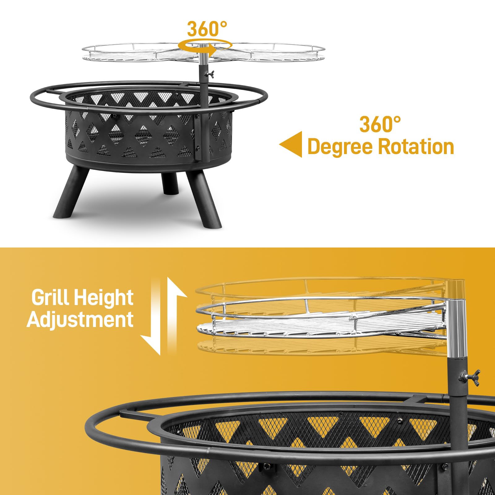 VINGLI Portable Outdoor Fire Pit 30" with Barbecue/Cooking Grill, Poker Round Metal Firepit Table Wood Burning Fire Pit for Outside Patio Backyard Terrace