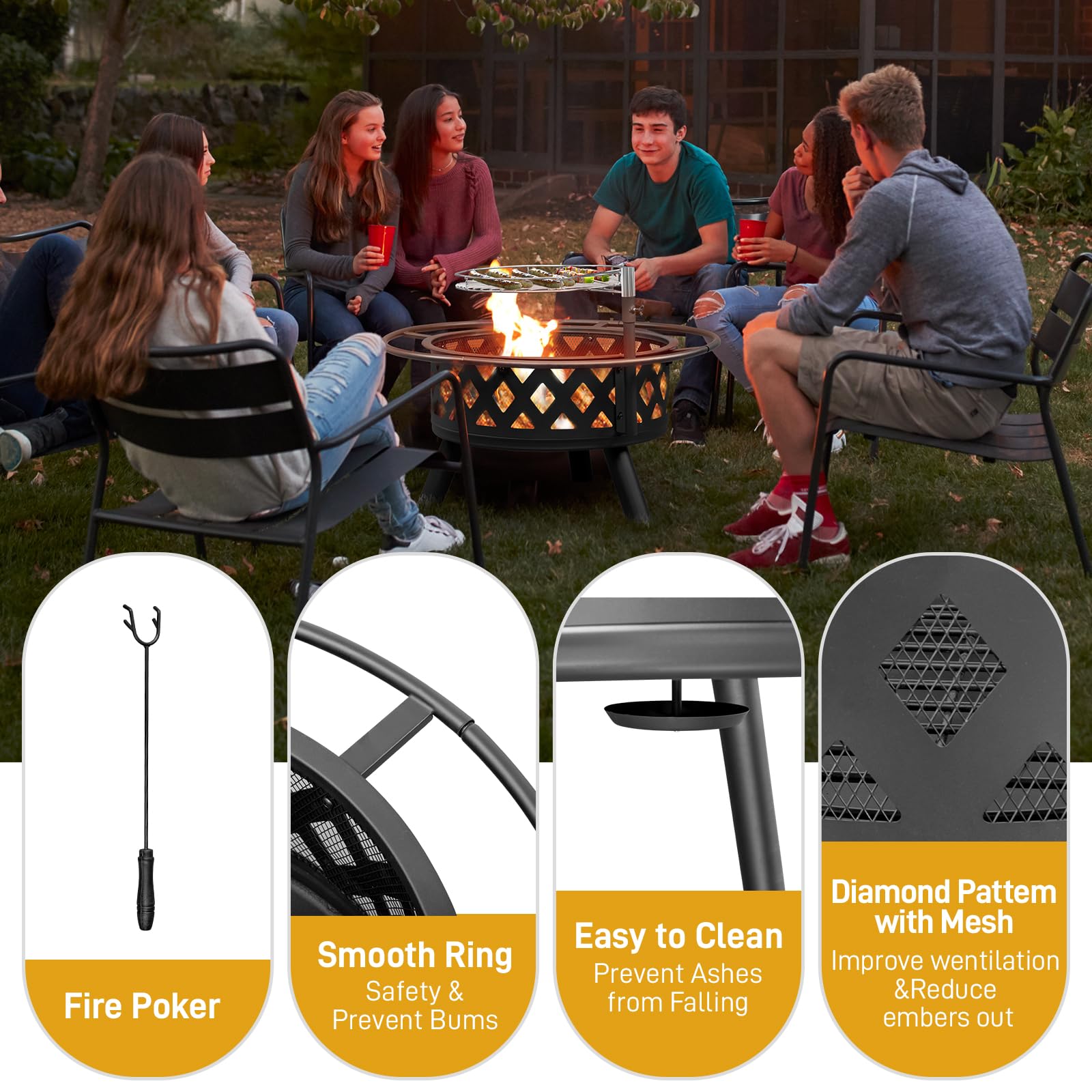 VINGLI Portable Outdoor Fire Pit 30" with Barbecue/Cooking Grill, Poker Round Metal Firepit Table Wood Burning Fire Pit for Outside Patio Backyard Terrace