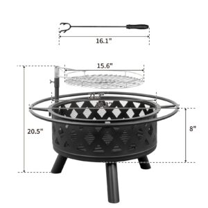 VINGLI Portable Outdoor Fire Pit 30" with Barbecue/Cooking Grill, Poker Round Metal Firepit Table Wood Burning Fire Pit for Outside Patio Backyard Terrace