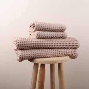 püskül - 4 pieces waffle towel sets for bathroom, premium organic turkish cotton 2 hand towels 2 bath towels set (beige)