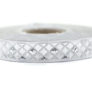 11 Yard Spool 0.47 inches Wide Silver White Jacquard Ribbons Diamond Jacquard Trim Sewing Trim Woven Ribbons Dog Collars Decorative Ribbon 12251