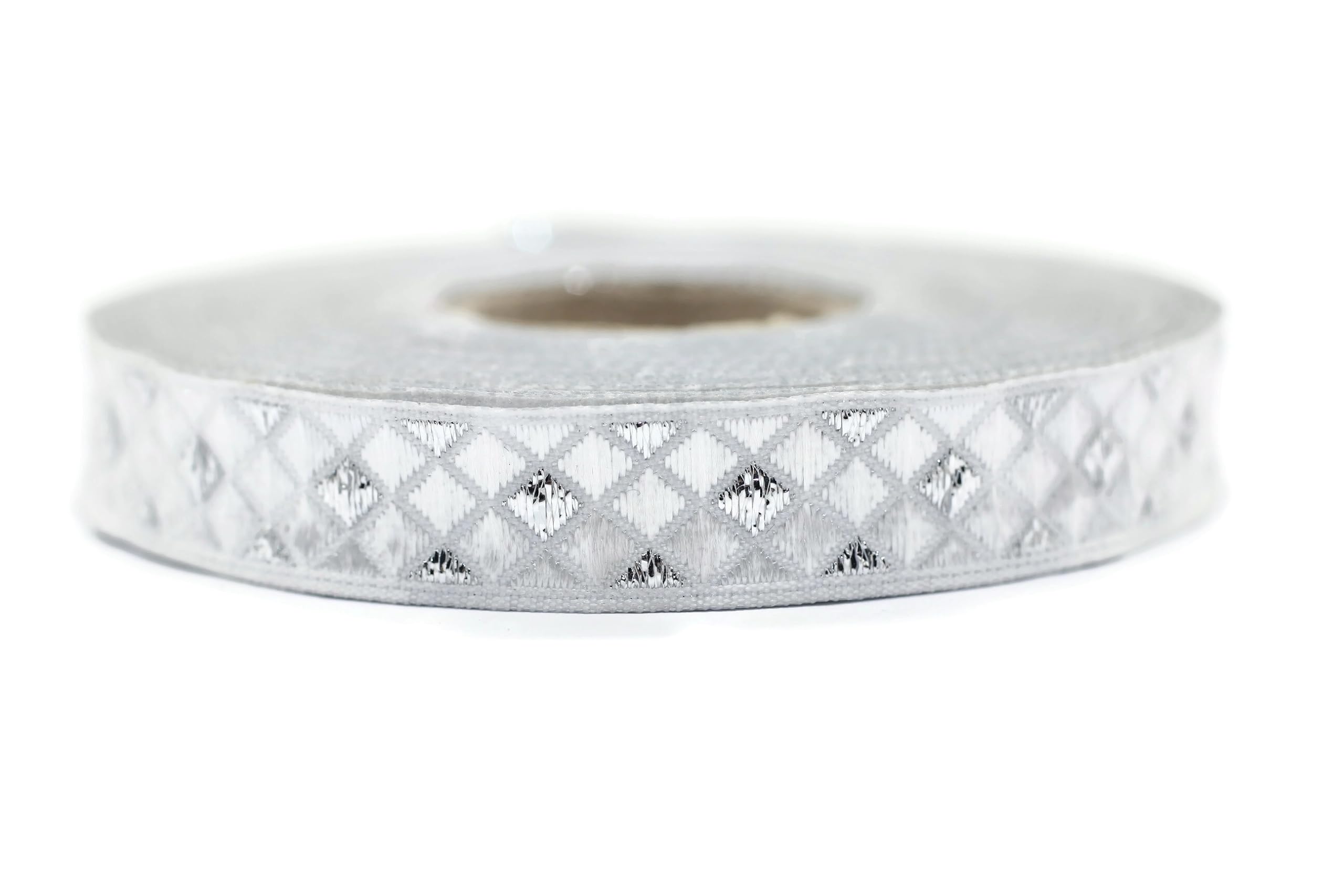 11 Yard Spool 0.47 inches Wide Silver White Jacquard Ribbons Diamond Jacquard Trim Sewing Trim Woven Ribbons Dog Collars Decorative Ribbon 12251