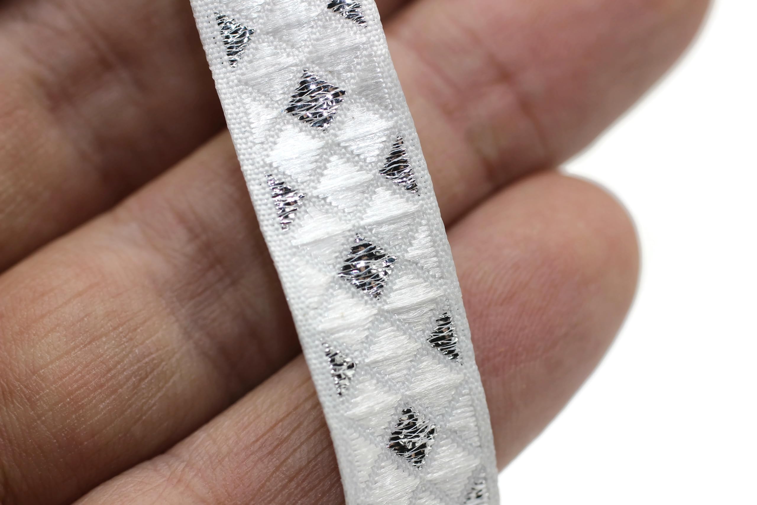 11 Yard Spool 0.47 inches Wide Silver White Jacquard Ribbons Diamond Jacquard Trim Sewing Trim Woven Ribbons Dog Collars Decorative Ribbon 12251