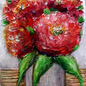 Fall Flowers Bouquet in a Rustic Vase, Red Textured Flower Green Leaves, Original Oil Painting