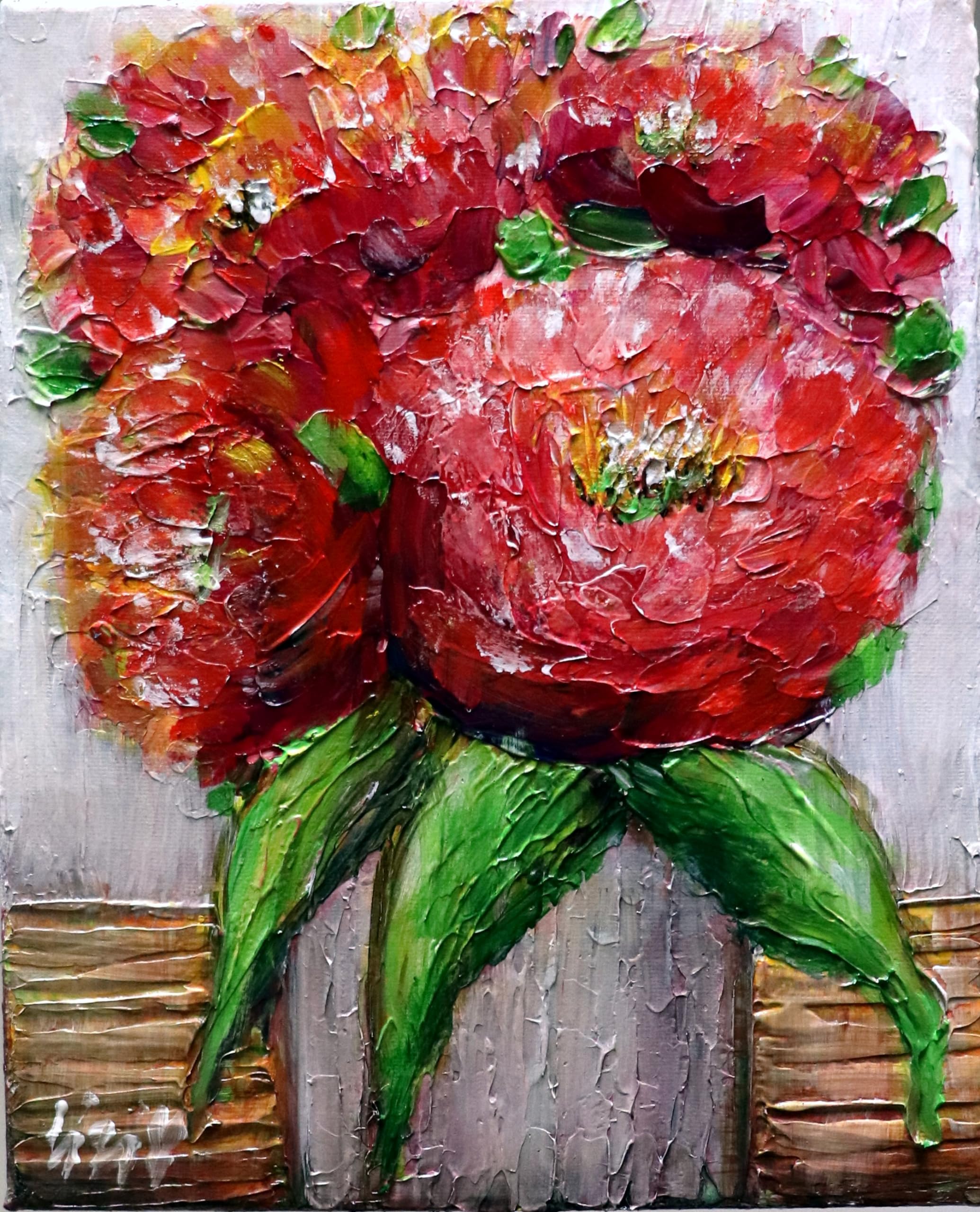 Fall Flowers Bouquet in a Rustic Vase, Red Textured Flower Green Leaves, Original Oil Painting