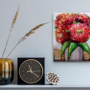 Fall Flowers Bouquet in a Rustic Vase, Red Textured Flower Green Leaves, Original Oil Painting