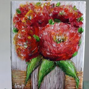 Fall Flowers Bouquet in a Rustic Vase, Red Textured Flower Green Leaves, Original Oil Painting