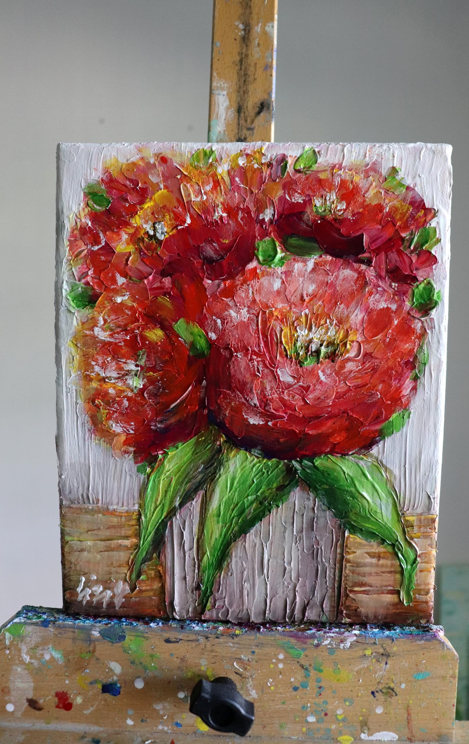 Fall Flowers Bouquet in a Rustic Vase, Red Textured Flower Green Leaves, Original Oil Painting