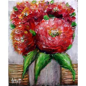 Fall Flowers Bouquet in a Rustic Vase, Red Textured Flower Green Leaves, Original Oil Painting