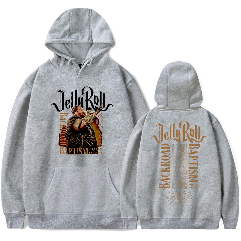 ZJHXQEVC Jelly Roll Backroad Baptism Tour Photo Hoodie Women Men Long Sleeve Sweatshirt Streetwear 2023 Tour Merch (4X-Large,grey)