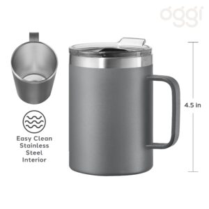 OGGI ThermoMug Stainless Steel Insulated Mug- Double Wall Vacuum Insulated w/Handle & Lid, Coffee Cup, Camping Mug, Travel Thermos, 14oz(420ml), Daisy