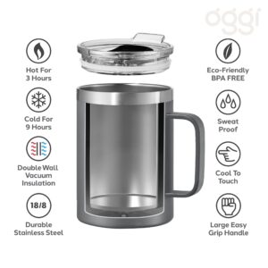 OGGI ThermoMug Stainless Steel Insulated Mug- Double Wall Vacuum Insulated w/Handle & Lid, Coffee Cup, Camping Mug, Travel Thermos, 14oz(420ml), Daisy