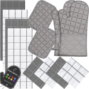 Oven Mitts Kitchen Towels and Dishcloths Pot Holders Sets, Oven Gloves Kitchen Dish Towels 500 Degree Heat Resistant Potholders with Non-Slip Silicone Surface for Cooking, Grilling, Baking-Gray