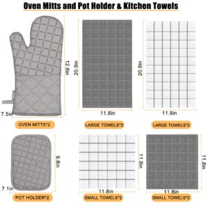 Oven Mitts Kitchen Towels and Dishcloths Pot Holders Sets, Oven Gloves Kitchen Dish Towels 500 Degree Heat Resistant Potholders with Non-Slip Silicone Surface for Cooking, Grilling, Baking-Gray