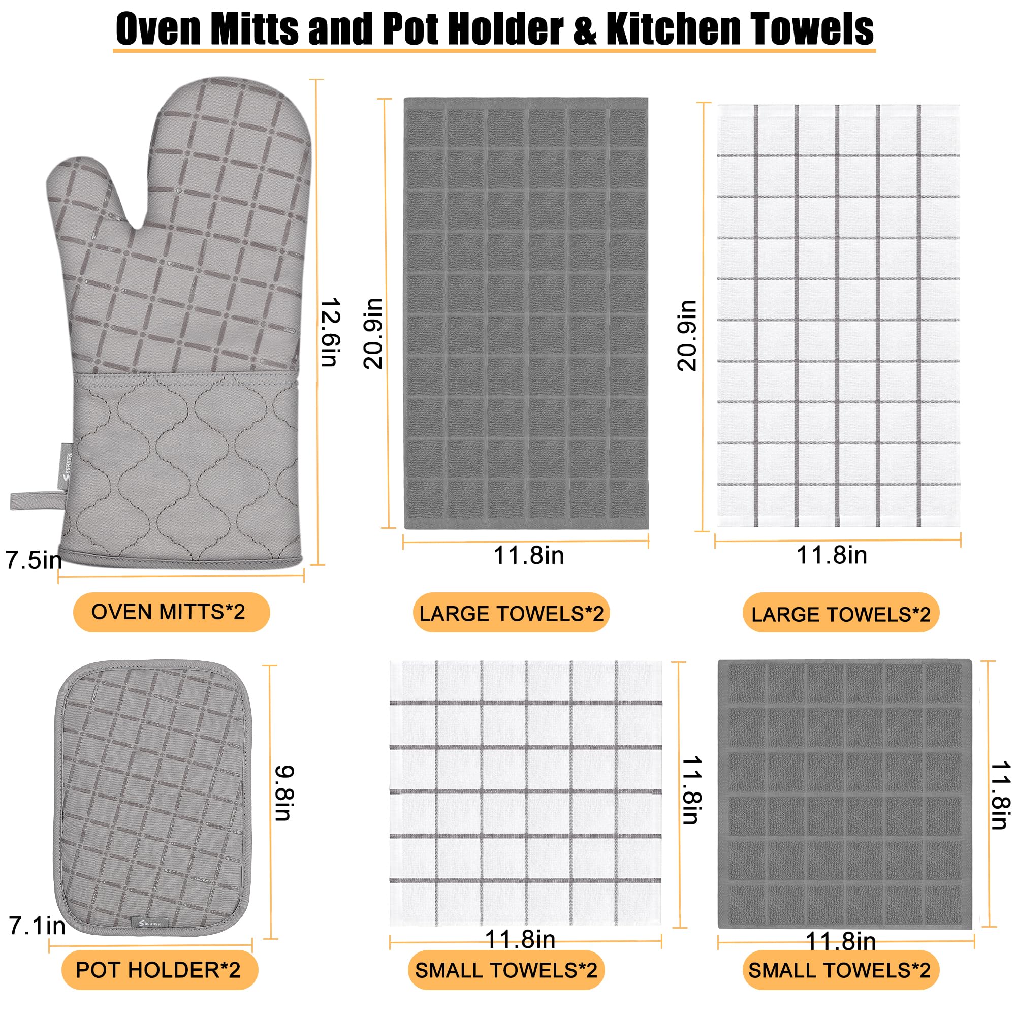 Oven Mitts Kitchen Towels and Dishcloths Pot Holders Sets, Oven Gloves Kitchen Dish Towels 500 Degree Heat Resistant Potholders with Non-Slip Silicone Surface for Cooking, Grilling, Baking-Gray