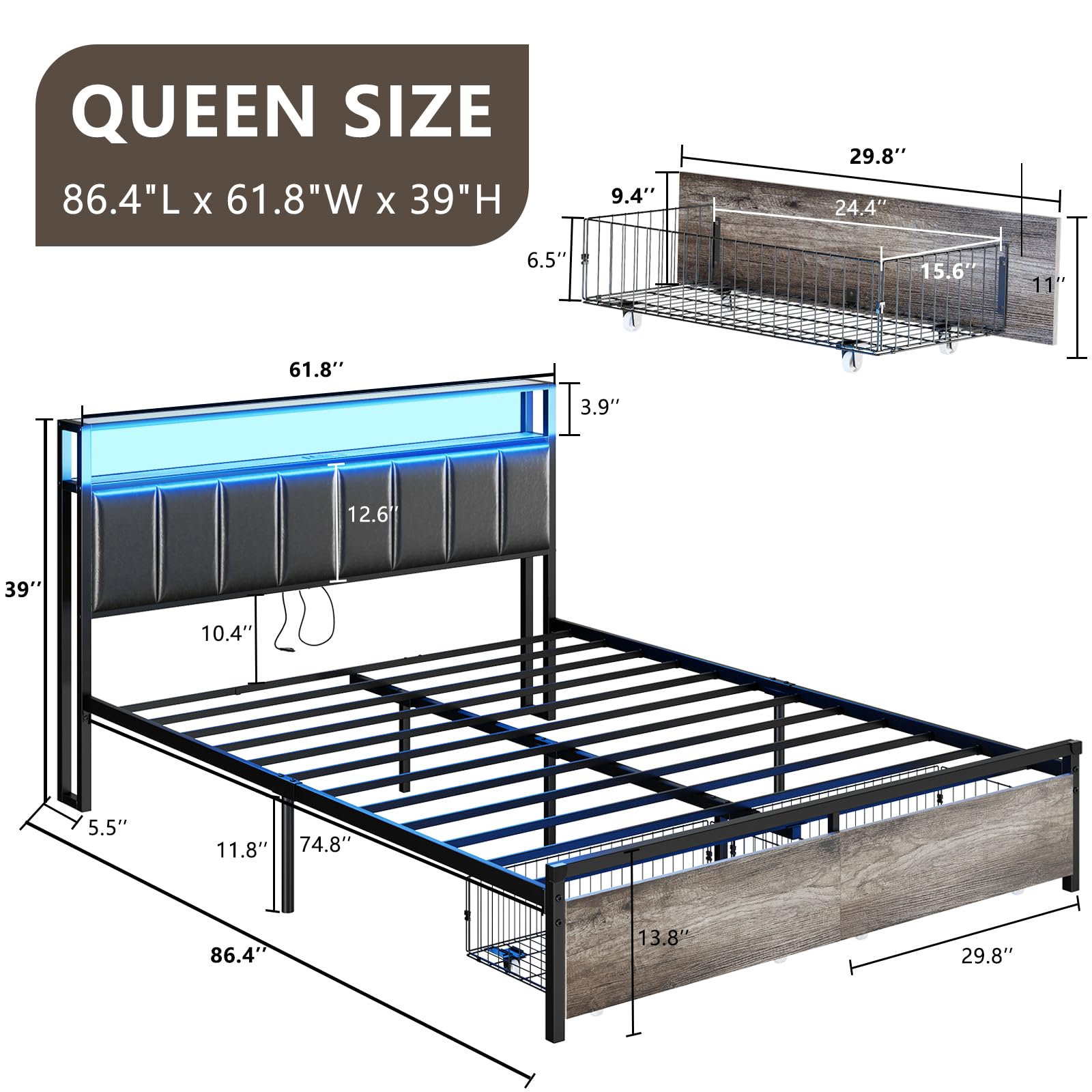 AMERLIFE LED Bed Frame with Drawers, Queen Platform Bed Frame with 2-Tier Storage & Leather Upholstered & Charging Station Headboard, Easy Assembly, No Box Spring Needed, Noise Free, Rustic Grey