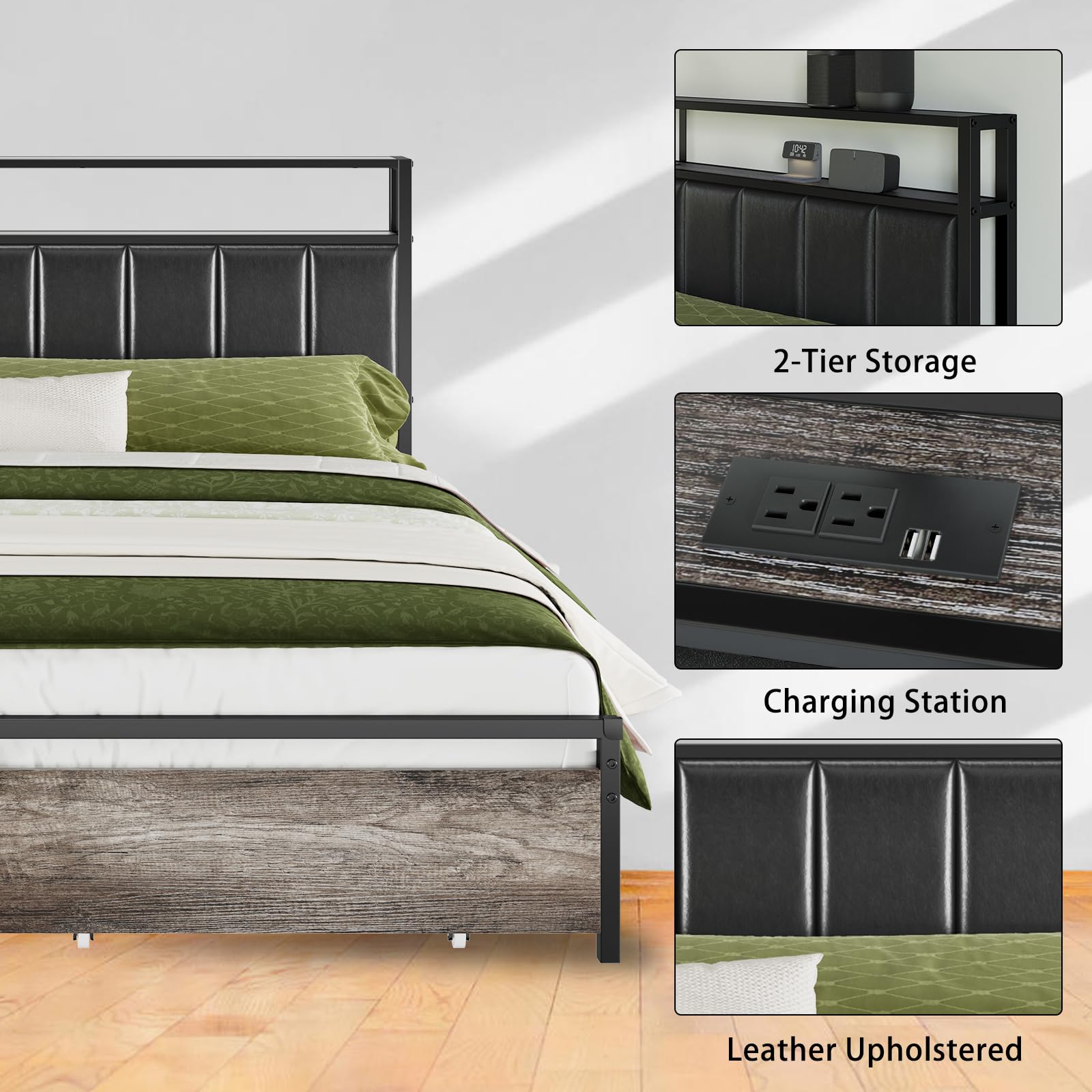 AMERLIFE LED Bed Frame with Drawers, Queen Platform Bed Frame with 2-Tier Storage & Leather Upholstered & Charging Station Headboard, Easy Assembly, No Box Spring Needed, Noise Free, Rustic Grey