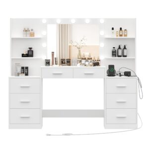 Irontar Makeup Vanity Table with Mirror & Lights, Vanity Desk with Power Strip, Large Drawer & Six Open Storage Dresser, 3 Lighting Modes Adjustable Brightness, Dressing Table, White WDT006W