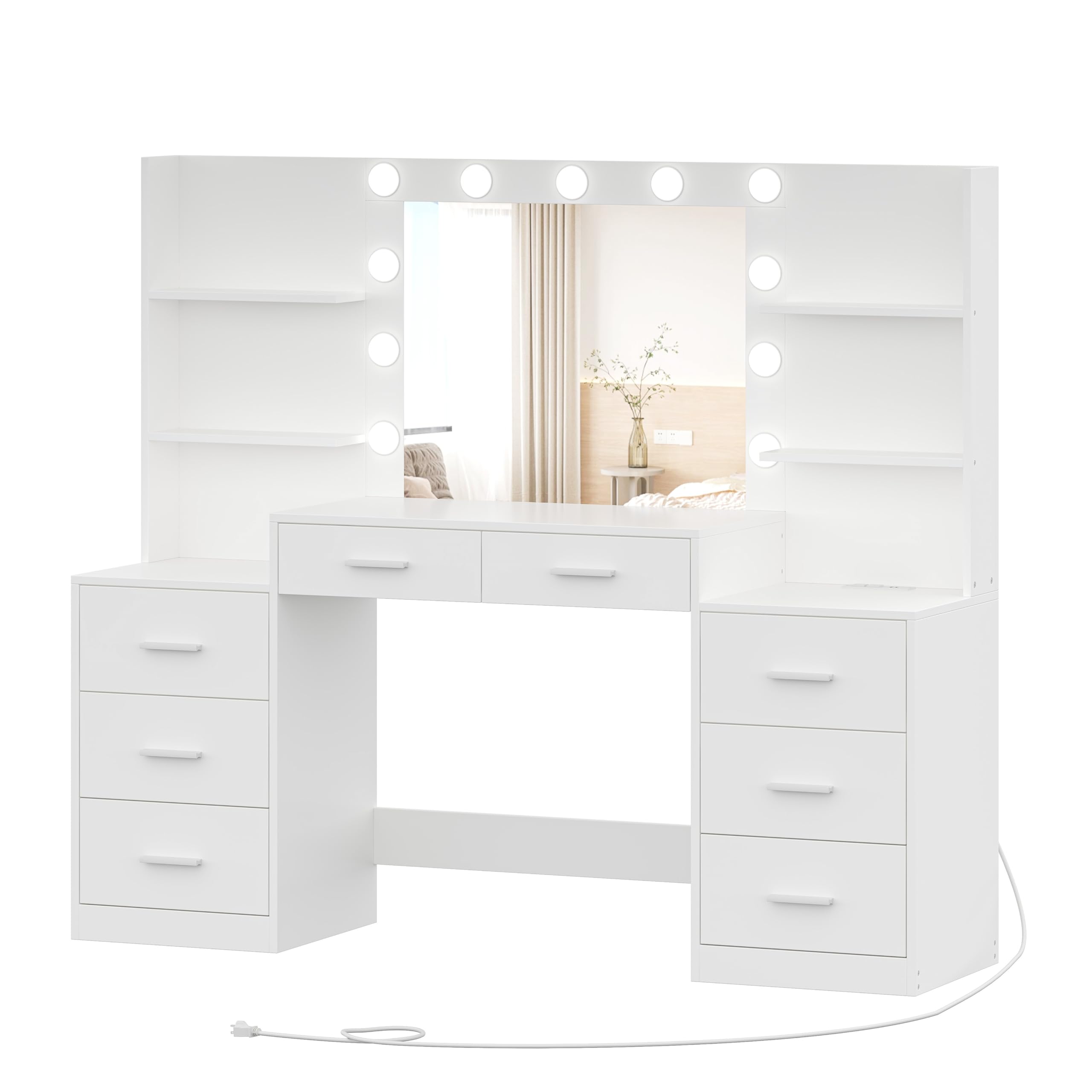 Irontar Makeup Vanity Table with Mirror & Lights, Vanity Desk with Power Strip, Large Drawer & Six Open Storage Dresser, 3 Lighting Modes Adjustable Brightness, Dressing Table, White WDT006W