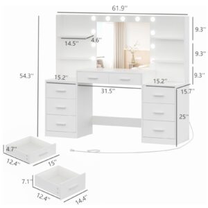 Irontar Makeup Vanity Table with Mirror & Lights, Vanity Desk with Power Strip, Large Drawer & Six Open Storage Dresser, 3 Lighting Modes Adjustable Brightness, Dressing Table, White WDT006W